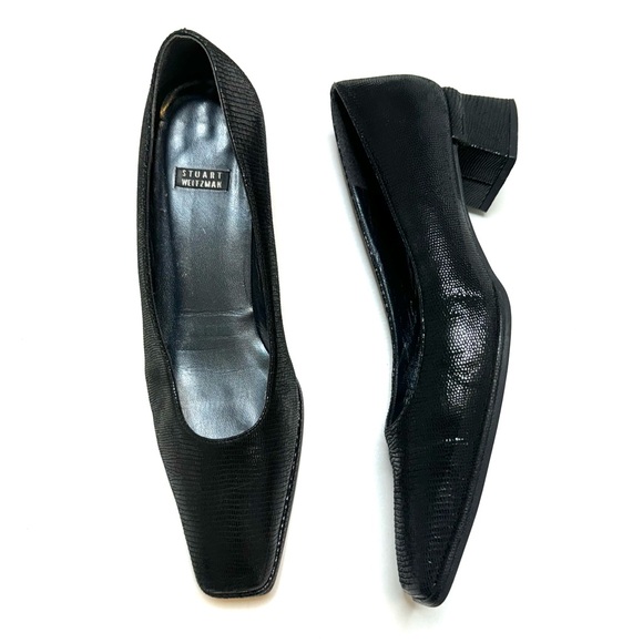 Stuart Weitzman Shoes - Stuart Weitzman Vintage Black Snake Print Square Toe Block Heel Pump Heels 90s